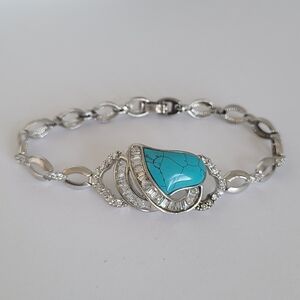 Vintage Sterling Silver Boho Blue Turquoise CZ Baguette Chain Link Bracelet